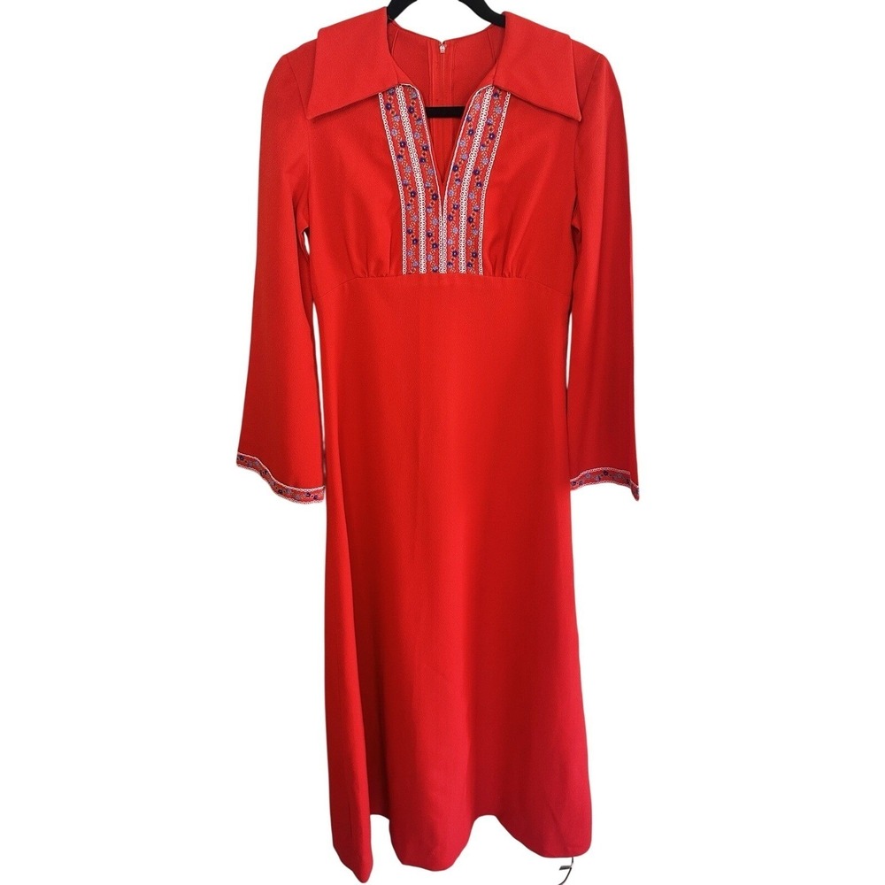 VTG 70s Handmade Red Maxi Dress Boho Embroidered‎ Disco Collar Bell Sleeve Small